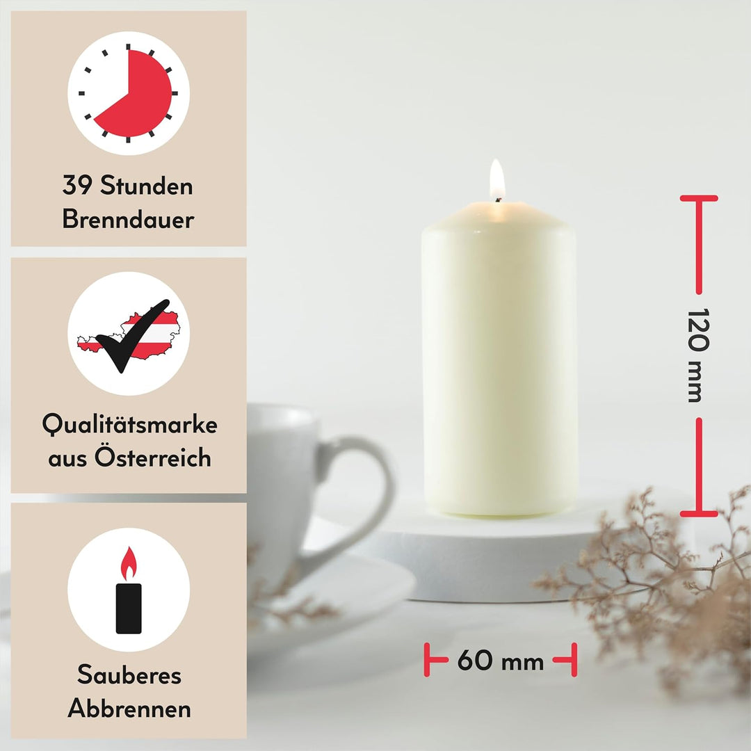 HOFER STUMPENKERZEN 58 x 120 mm – elfenbein, creme, champagner | besonders lange Brenndauer ca. 39 S