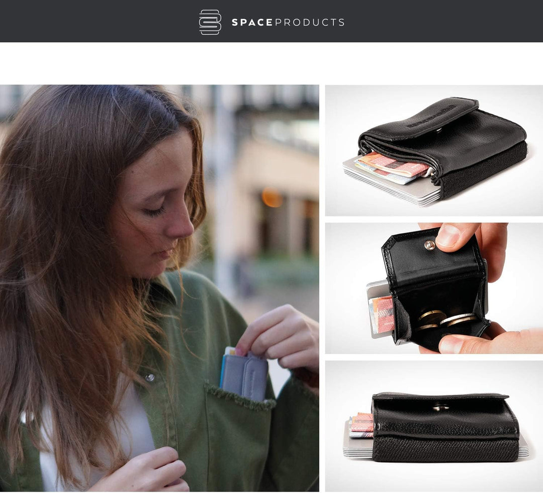 Space Products ® Mini Geldbörse schwarz I Sehr kleines Echtleder Wallet/Portemonnaie mit Münzfach I