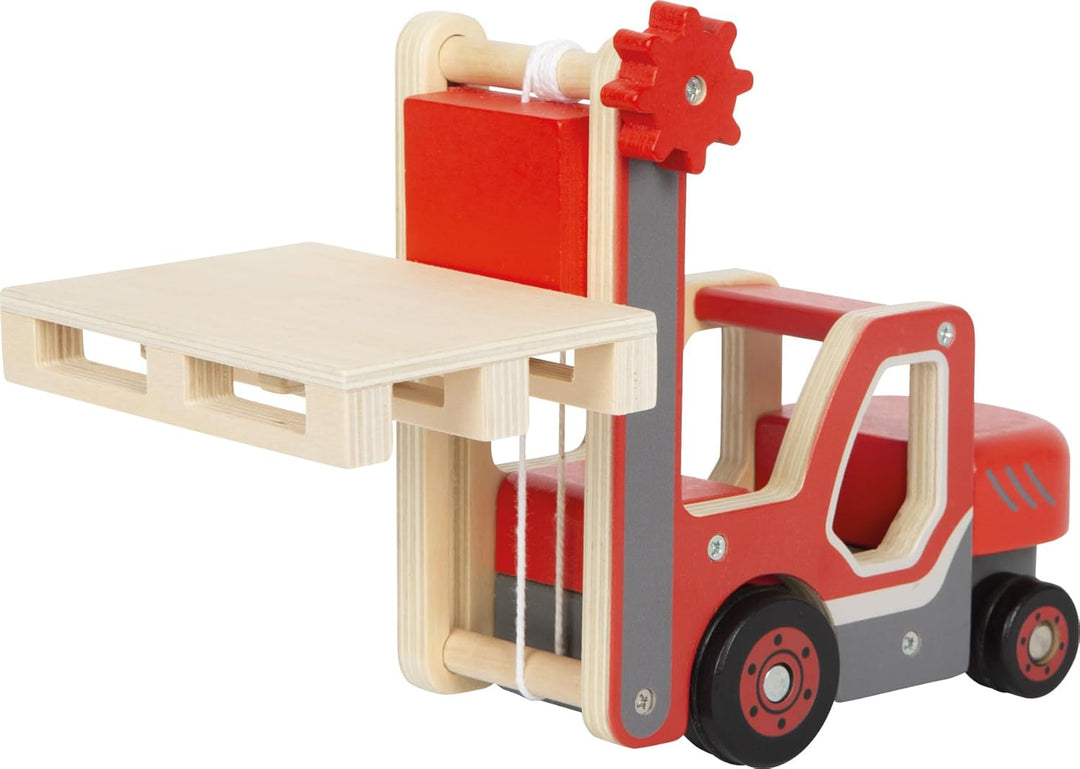 small Foot Gabelstapler mit Palette aus Holz, mit beweglicher Gabel und Seilwinde, Spielfahrzeug für