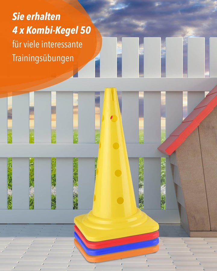 Kombi Kegel 50 cm – 4 im Set – Parcours-Hindernis für Agility-Training – Sprung- & Slalom-Hütchen fü
