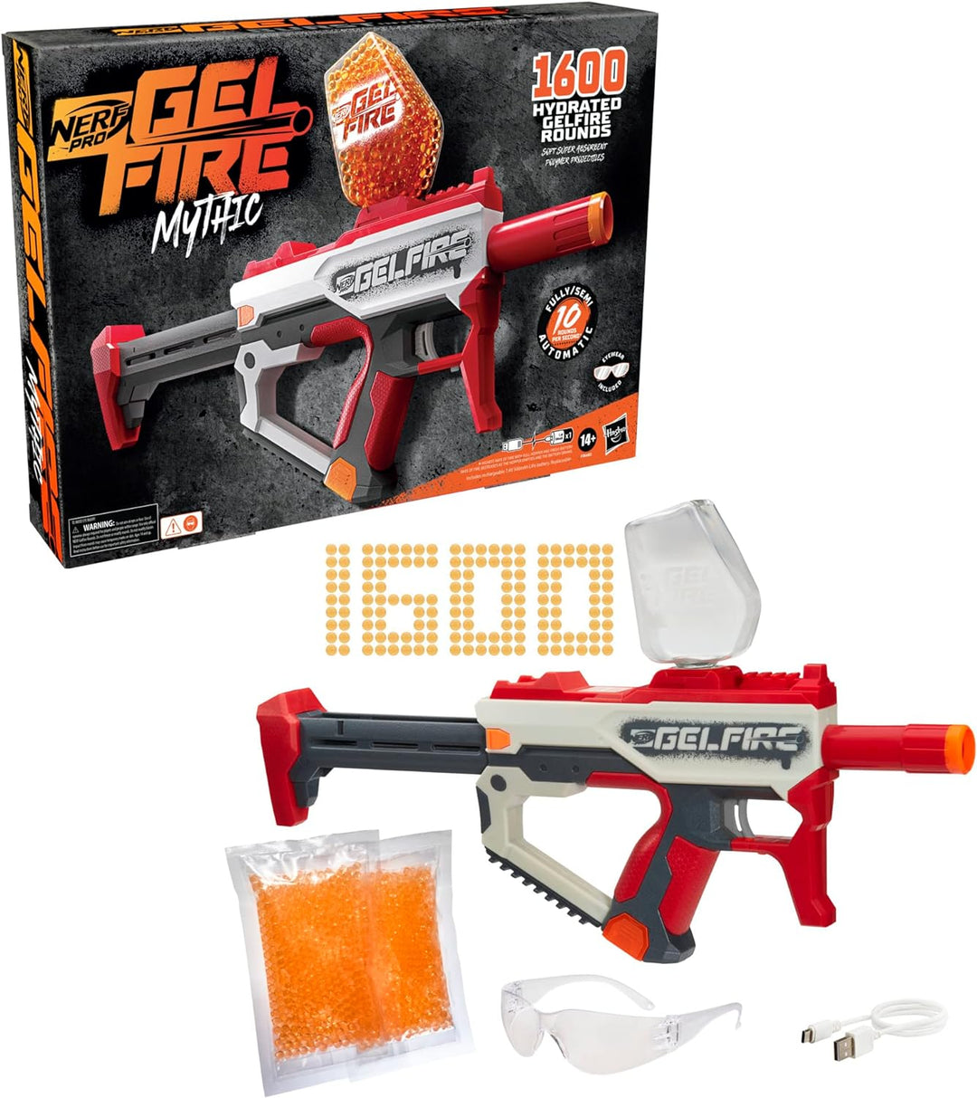 Nerf Pro Gelfire Mythic Blaster, 1.600 Gelfire Runden, Trichter, Akku, Brille