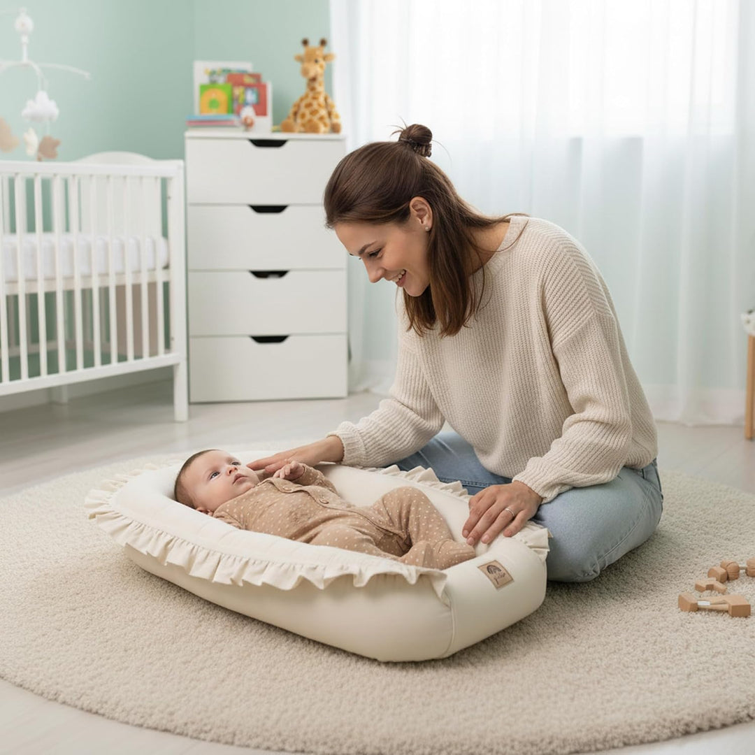 PIMKO Babynest mit rüschen Babynestchen für Baby Kuschelnest Babykokon für Säuglinge und Neugeborene