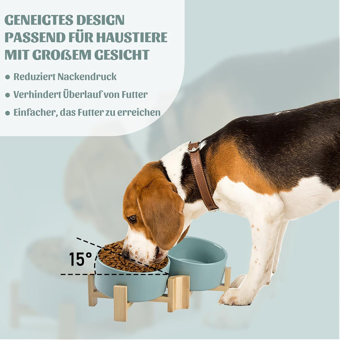 SPUNKYJUNKY 15° Kippbare Keramik Hundenapf mit Holzständer Futter und Wassernapf rutschfest für Hund