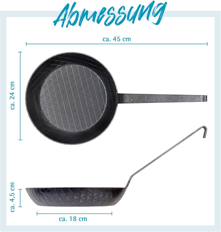 GRÄWE Schmiedeeiserne Bratpfanne F400, Ø 24 cm, hoher Rand, Eisenpfanne mit Wender, 400° C hitzebest