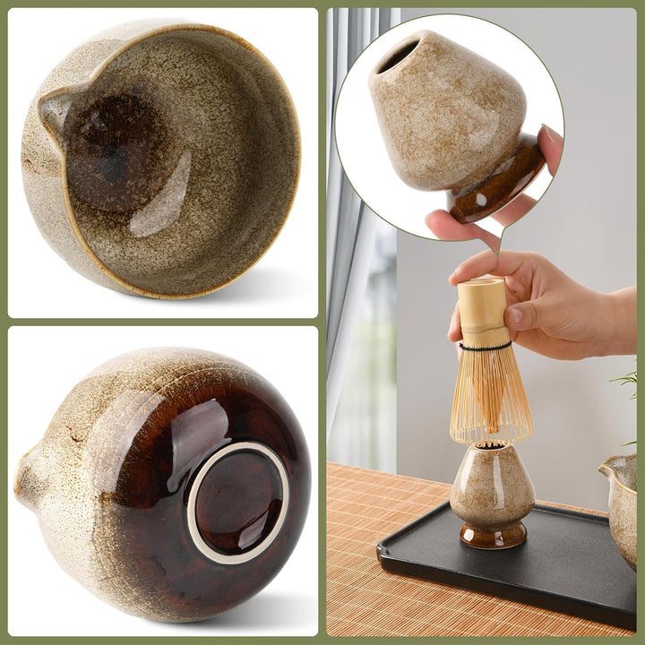 Japanisches Matcha-Teeset, Matcha-Schale mit Ausguss, inklusive handgefertigtem Keramik-Besenhalter,