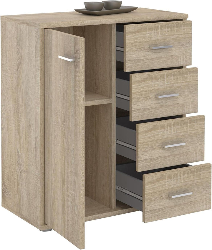 CARO-Möbel Kommode TIRANO Highboard Anrichte mit 1 Tür und 4 Schubladen in Sonoma Eiche, Sonoma Eich