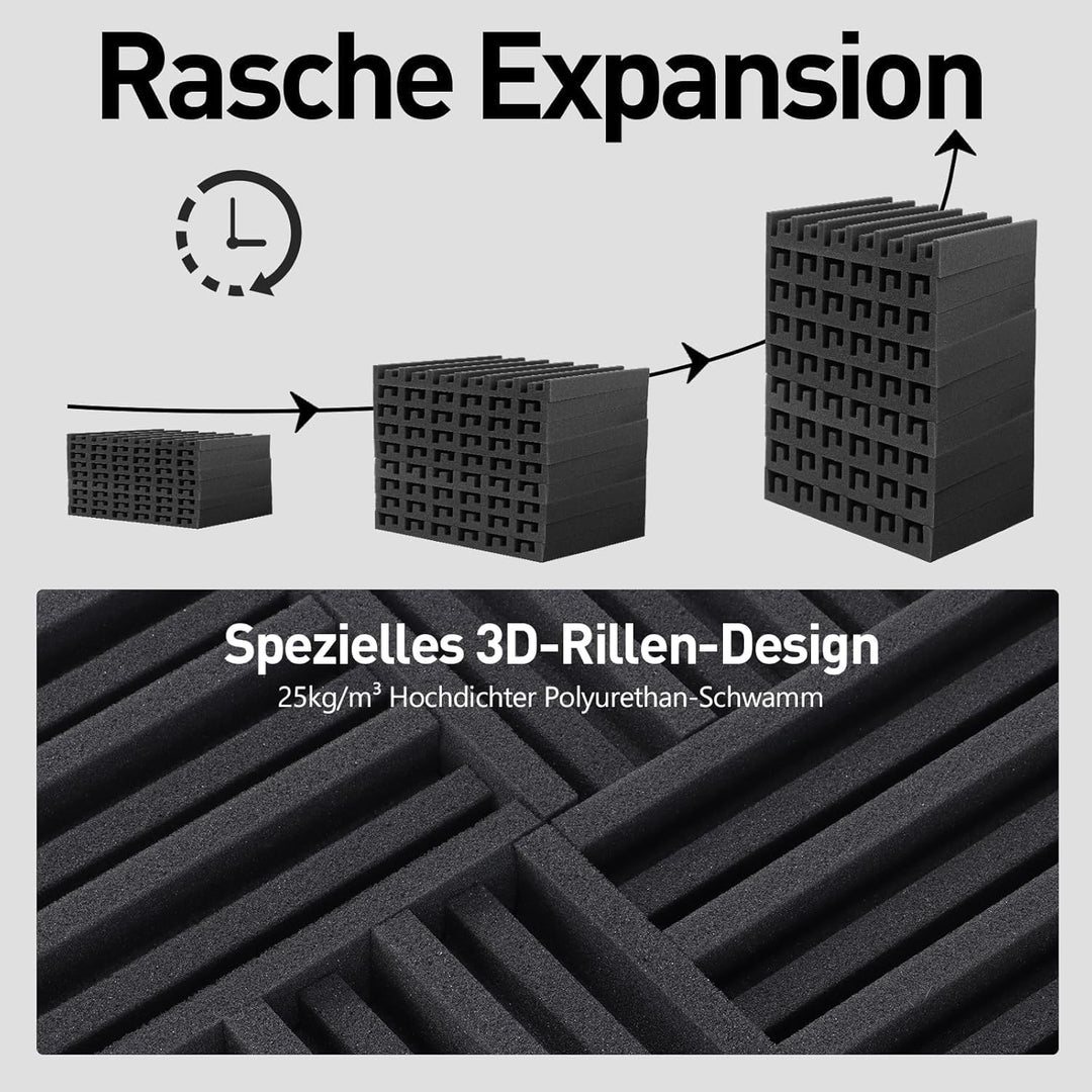 12 Stück Akustikpaneele, Selbstklebend Wandpaneele, Schwarz Gerillte Akustikschaumstoff 12 x 12 x 2