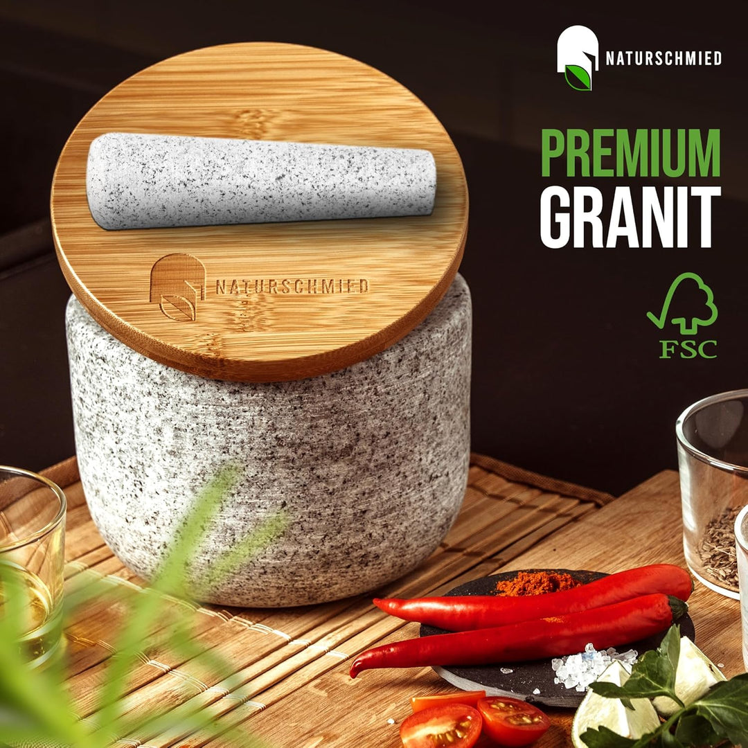 NATURSCHMIED Mörser mit Stössel & Deckel - AirProof 2.0 Verschluss + SolidStand Pad | 750 ml - Hellg