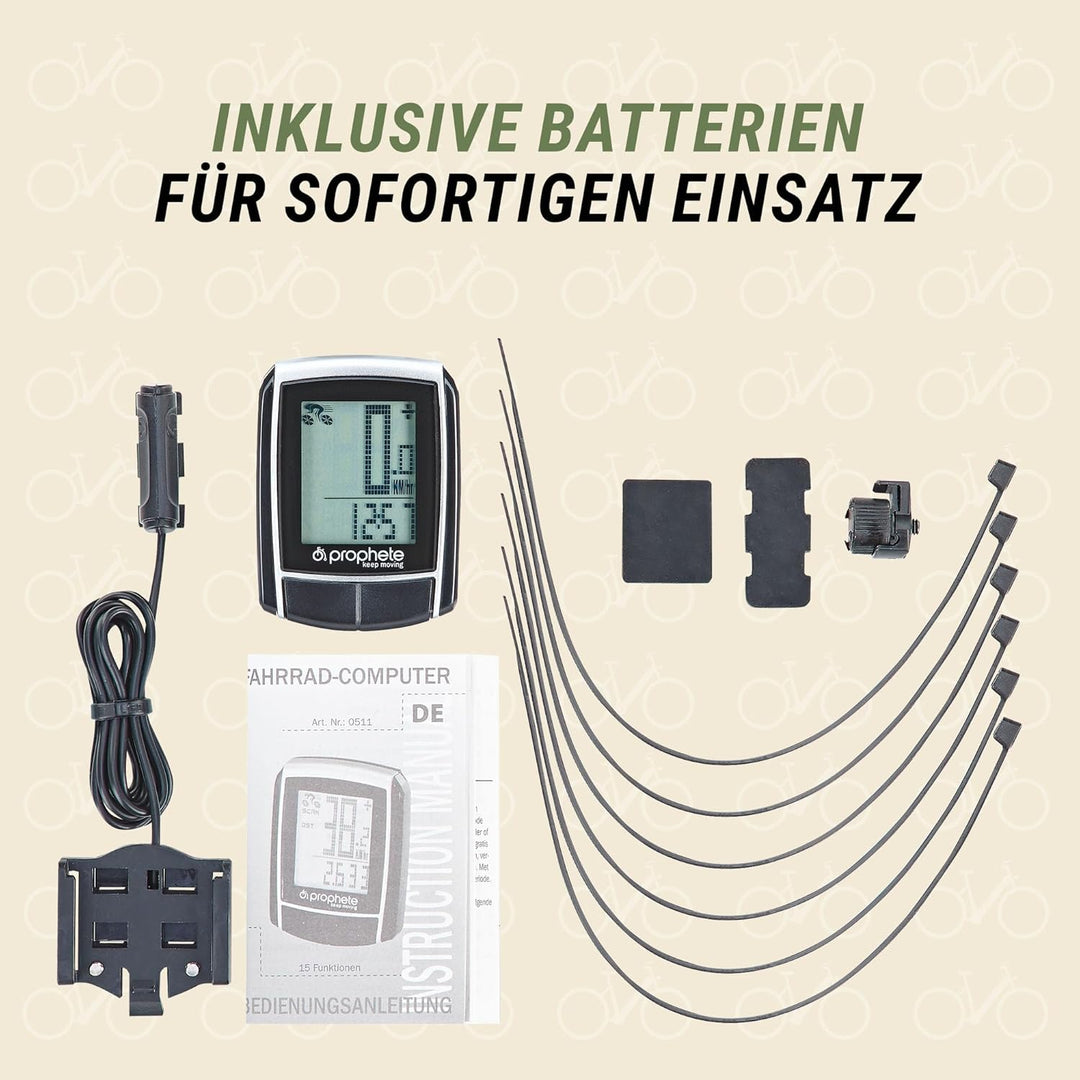 Prophete Fahrradcomputer, 15 Funktionen, inklusive Befestigungsmaterial, Fahrraddisplay mit Speicher