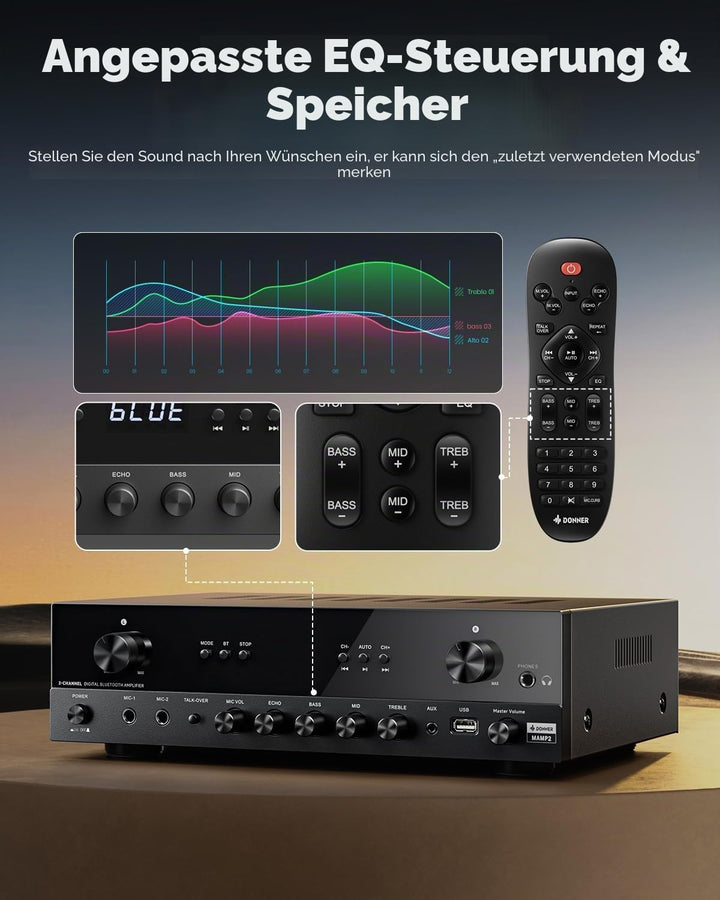 Donner Stereo Verstärker, 600 W Peak, 2-Kanal-Receiver mit Bluetooth 5.3, Phono, Optisch, Koaxial, U