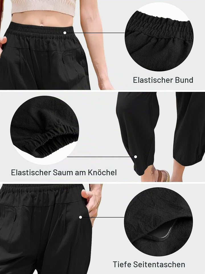 Les umes Damen Baumwolle Casual Capri Hose Elastische Taille Sommer Hose Haremhose mit Taschen L Sch