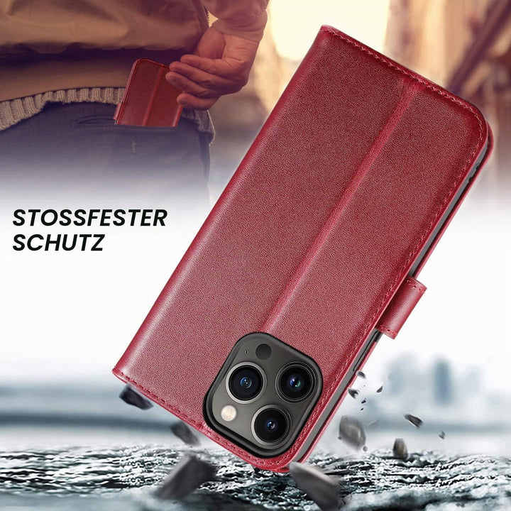 LENSUN Echtleder Hülle für iPhone 13 Pro, Handyhülle Flip Cover [Echtes Leder][Kartenfach][RFID Schu