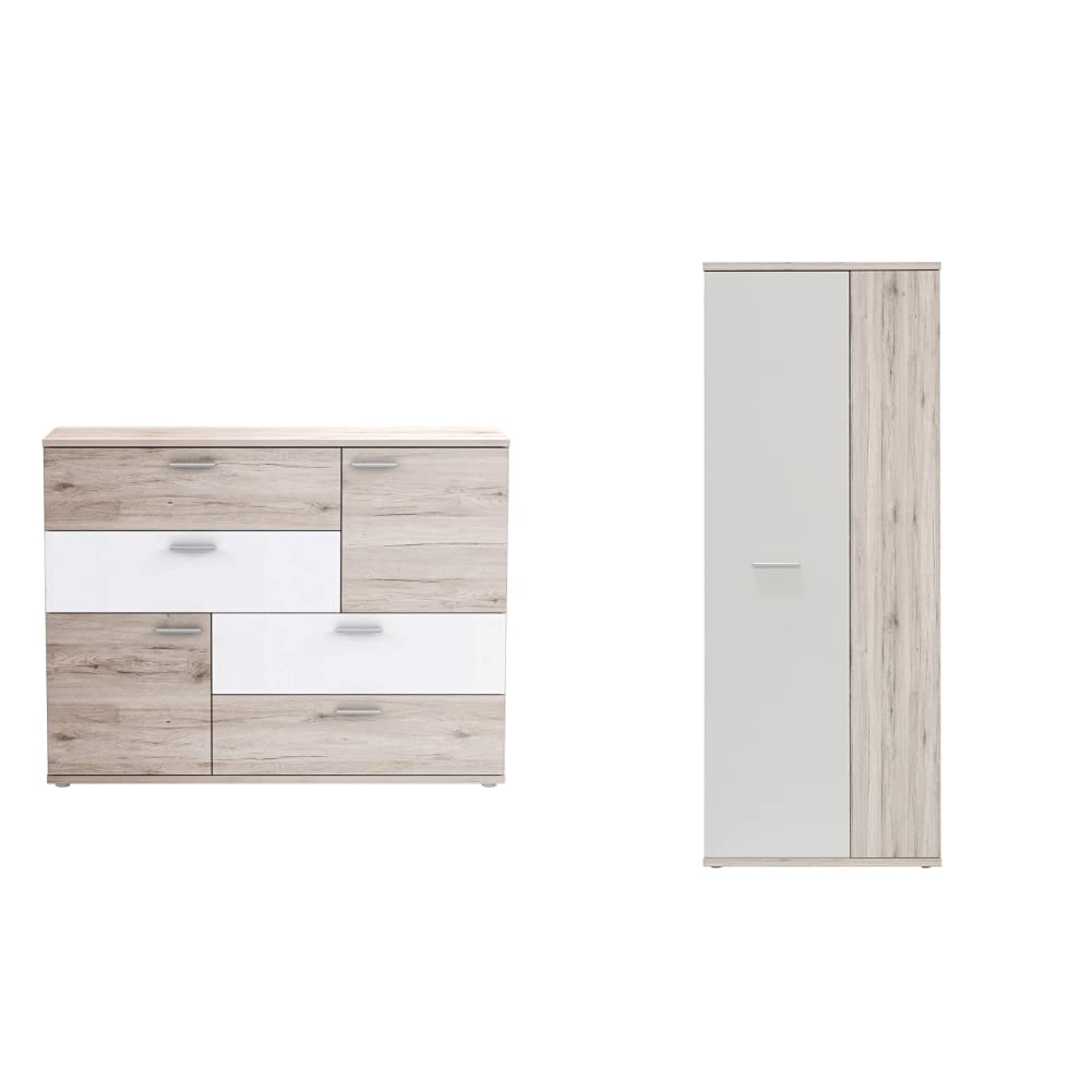 Forte Skive Kommode mit 2 Türen und 4 Schubkästen, Holzwerkstoff, Sandeiche/Weiss, 124.9 x 41.3 x 95