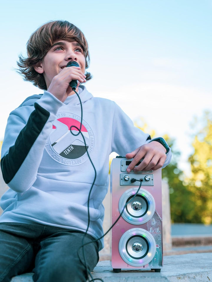 DYNASONIC Karaoke mit 2 Mikrofonen, tragbarer Karaoke-Maschine, Bluetooth-Lautsprecher, USB- und SD-