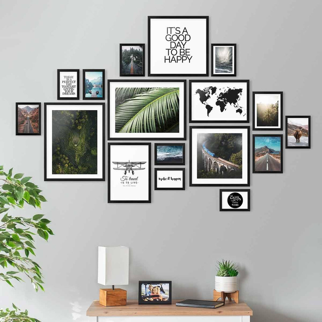 PHOTOLINI Bilderrahmen-Set MDF-Holz Eiche Dunkel, 17er Rahmenset Posterrahmen, bruchsicheres Acrylgl