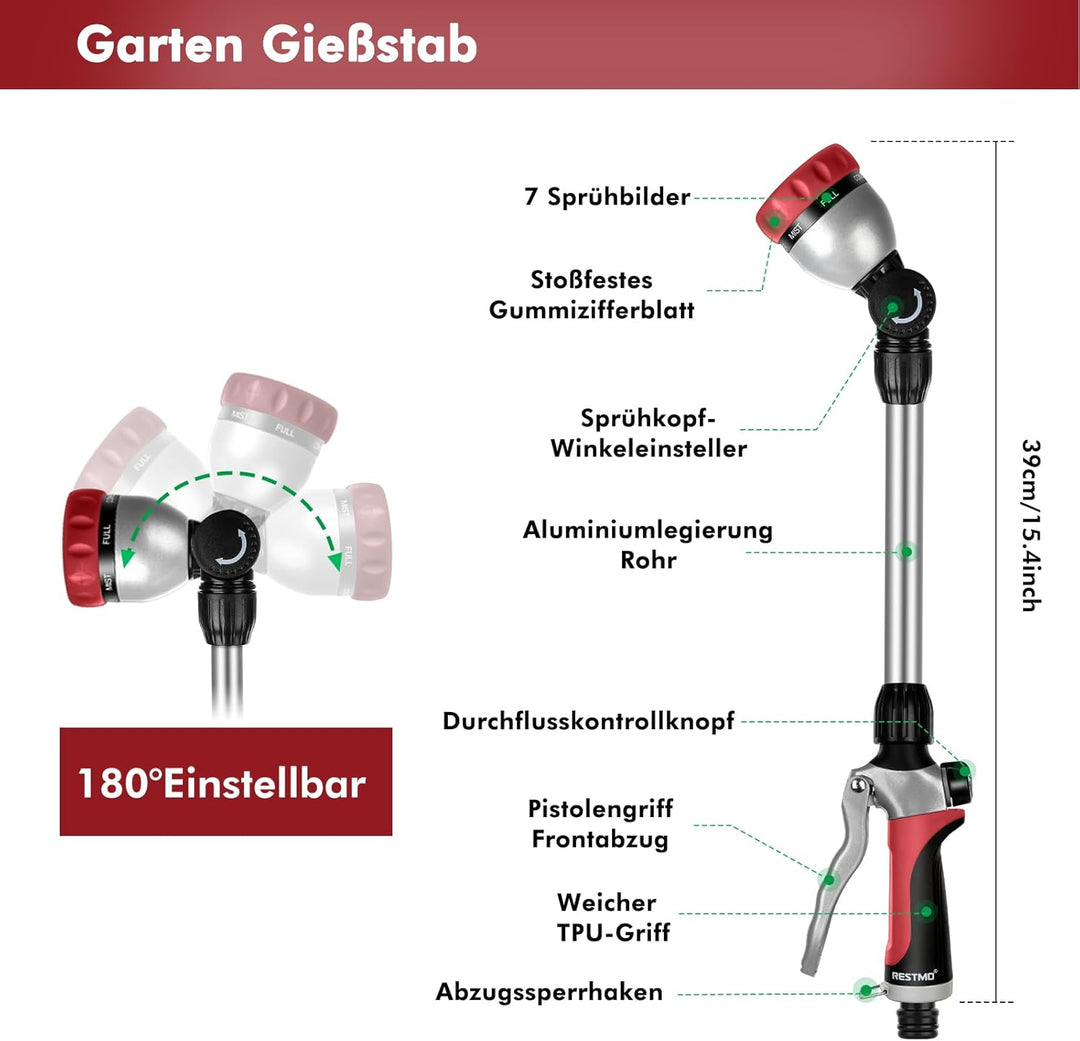 RESTMO Garten Giessstab Metall, 42cm Lang Gartenbrause mit Stiel, 180° schwenkbaren Kopf Stabbrause