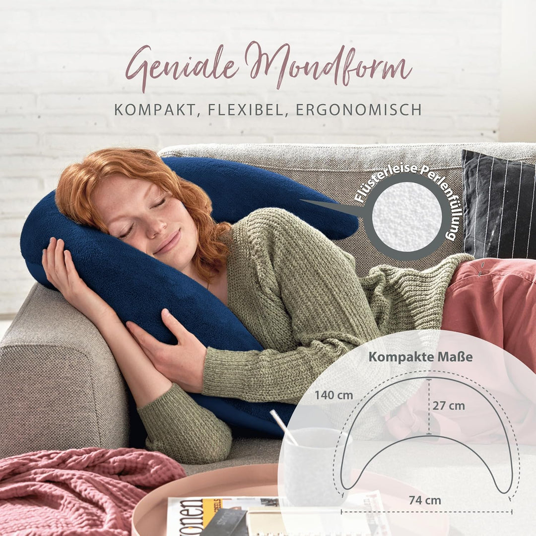 Theraline Plüschmond Stillkissen, Kopfkissen und Nackenkissen mit Perlen, ergonomisches Kissen zum S