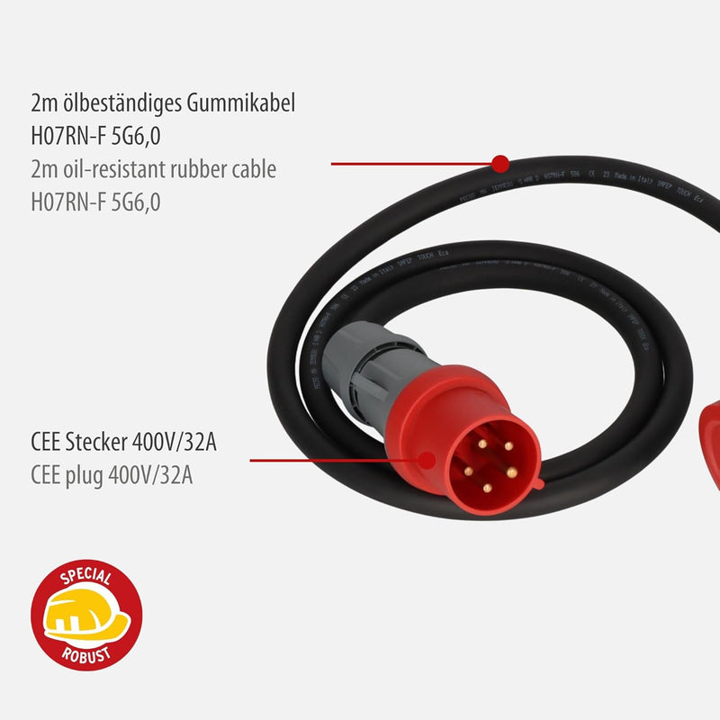 Brennenstuhl Kompakter Gummi-Stromverteiler/Gummiverteiler (2m Kabel, 2X CEE 400V/32A, Baustellenein