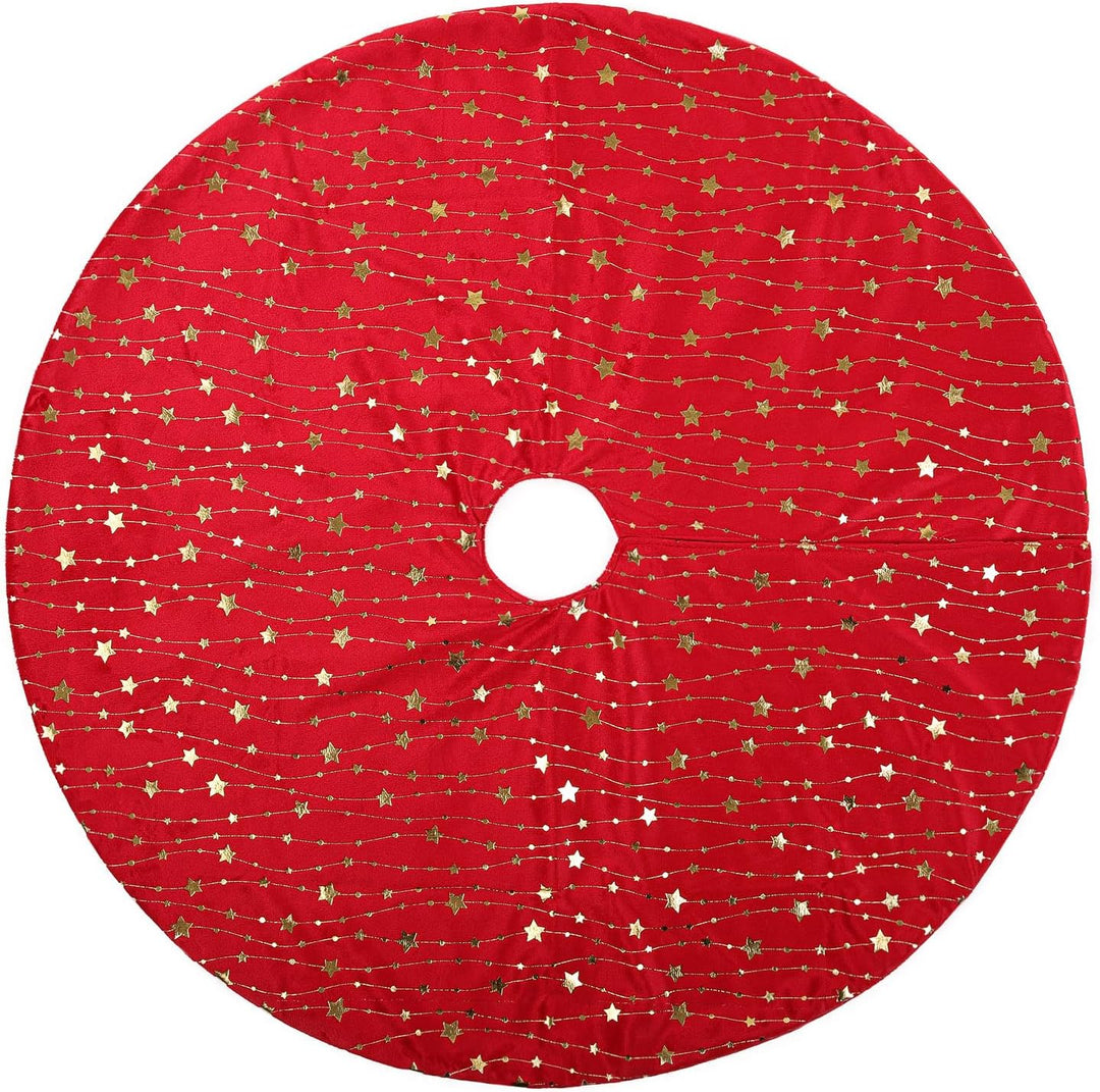 KONVINIT Weihnachtsbaumdecke Rund Rot Plüsch Christmasbaumdecke mit Sternen Weihnachtsbaum Rock aus