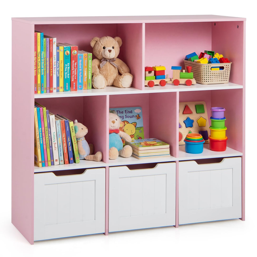 COSTWAY Kinderregal mit Boxen auf Rollen, Bücherregal Kinder mit 5 Fächern & 3 Schubladen, Spielzeug