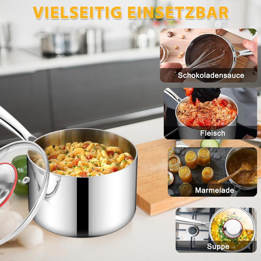 Joyfair Stielkasserolle, 14cm Premium 3-Lagiger Edelstahl Milchtopf Induktion mit Deckel, 1,2 Liter