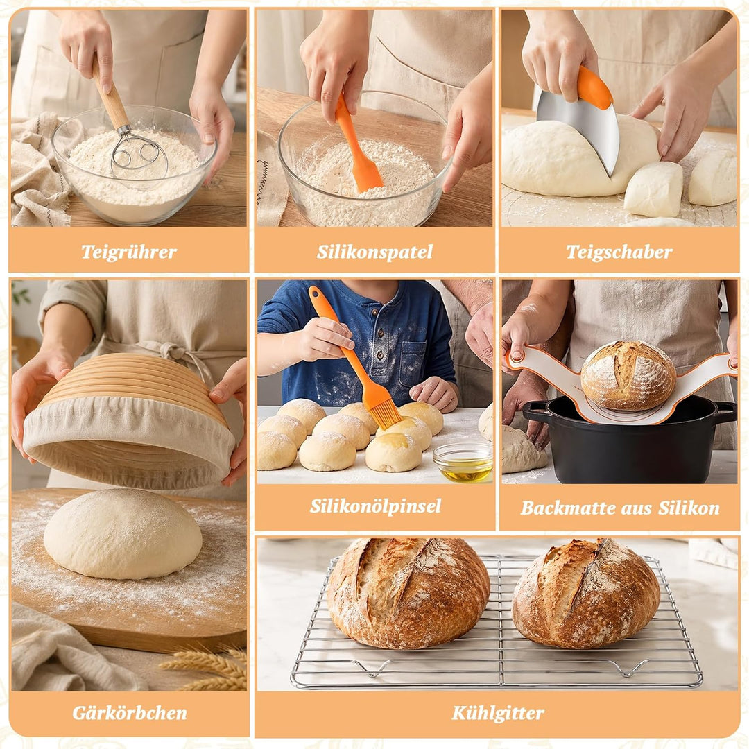 Sauerteig Starter Set mit 2 Gärkörbchen, Brotbackzubehör für Hobbybäcker | Brot Gärkorb Set mit Gärk
