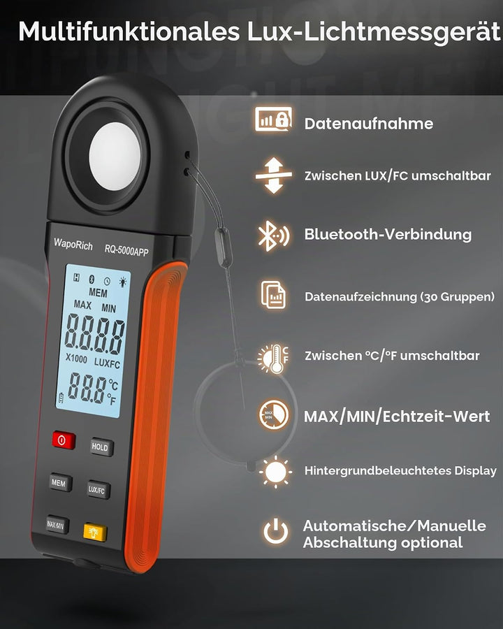 Luxmeter Bluetooth Lichtmessgerät, WapoRich Digital Light Meter Belichtungsmesser Misst 1~400,000Lux