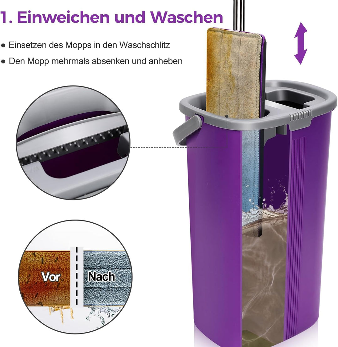 MASTERTOP Wischmopp Set mit Eimer, Bodenwischer Set mit 5 Mikrofaser Pads und Edelstahl Griff, Flach