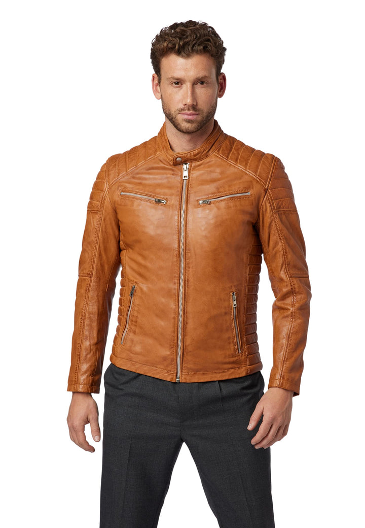 RICANO Cooper – Herren Biker Lederjacke (Slim Fit) - echtes Lamm Leder (XL, Cognac Braun)