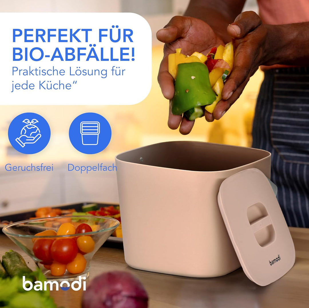 Bamodi Organic Bin 7L Peach mit Deckel und 2 Fächer - Bio-Abfalleimer für die Küche für den tägliche
