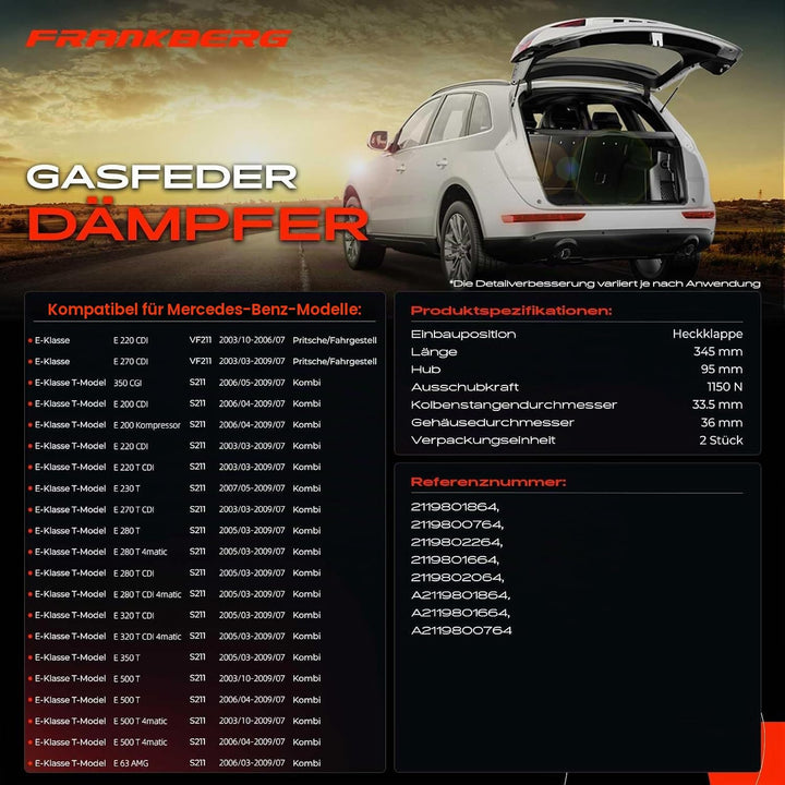 Frankberg 2x Gasfeder Gasdämpfer Heckklappe Kompatibel mit E-Klasse Pritsche/Fahrgestell VF211 E270