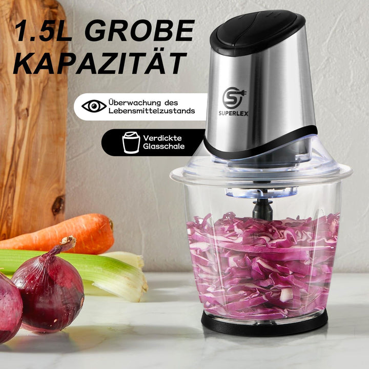2-in-1 Zerkleinerer Küche Elektrisch 2-Geschwindigkeiten mit Glasbehälter und Deckel, 1,5L Gemüsezer