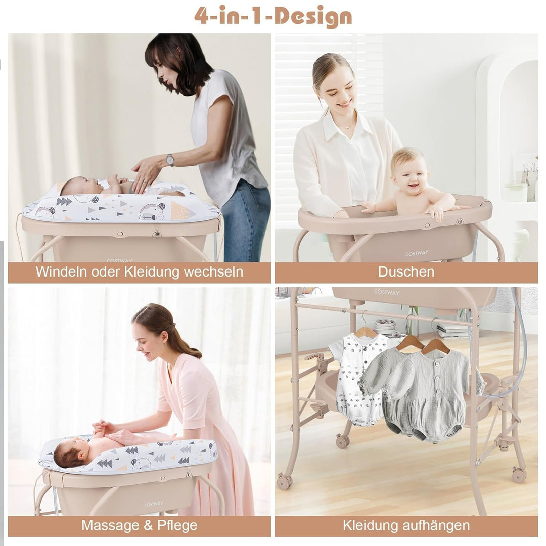 COSTWAY 4 in 1 Wickeltisch mit Badewanne, tragbare Wickelkommode mit PVC-Auflage & Abflussrohre, mob