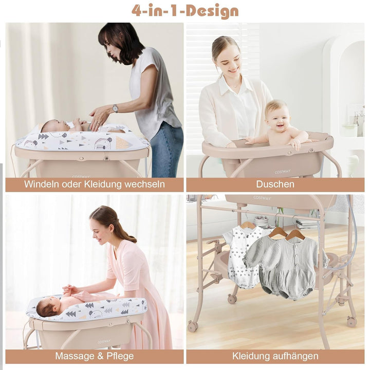 COSTWAY 4 in 1 Wickeltisch mit Badewanne, tragbare Wickelkommode mit PVC-Auflage & Abflussrohre, mob