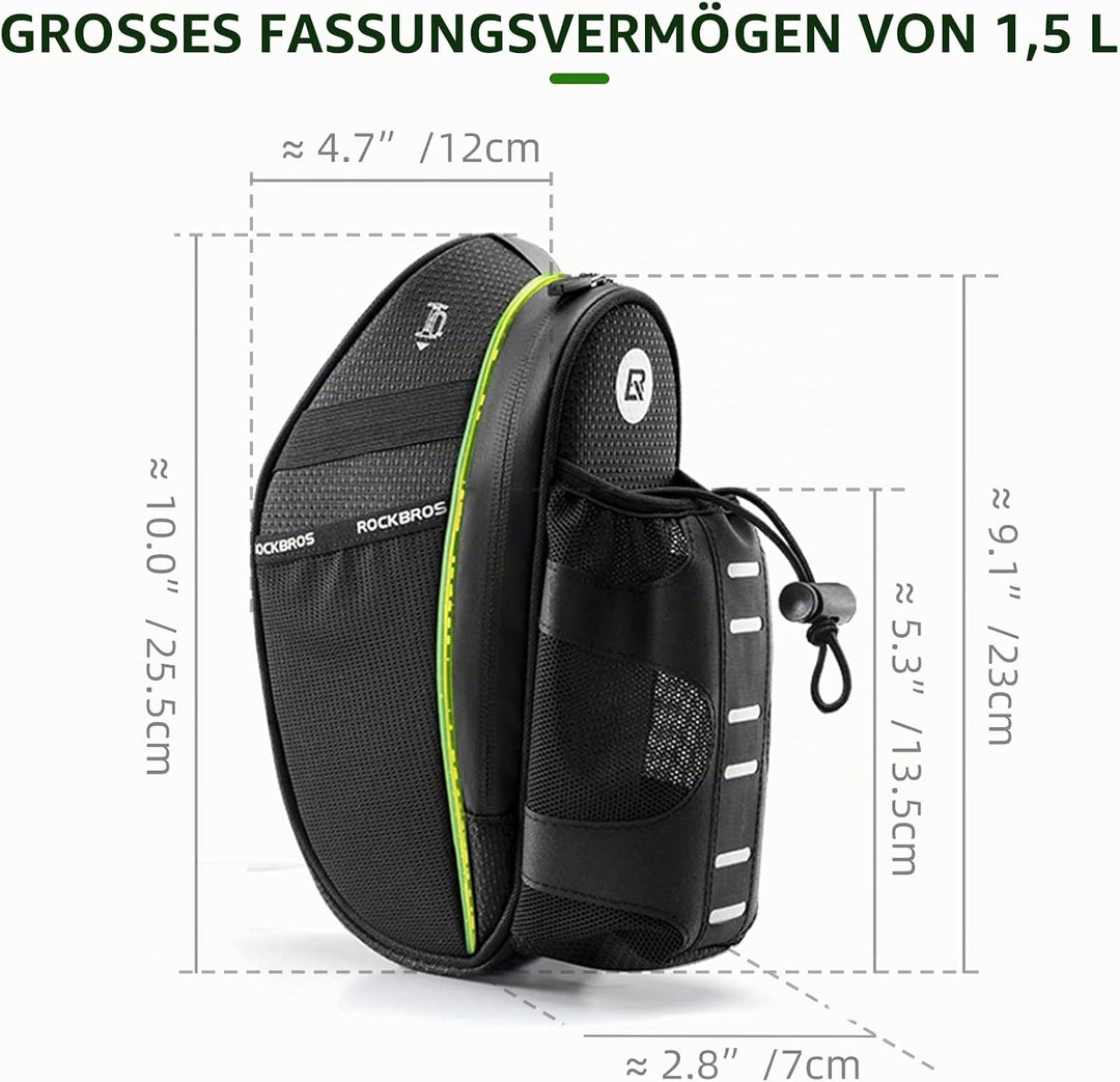 ROCKBROS Fahrrad Satteltasche 1,5L Kratzfest Fahrradtasche mit Flaschenhalter Fahrradsitz Tasche für