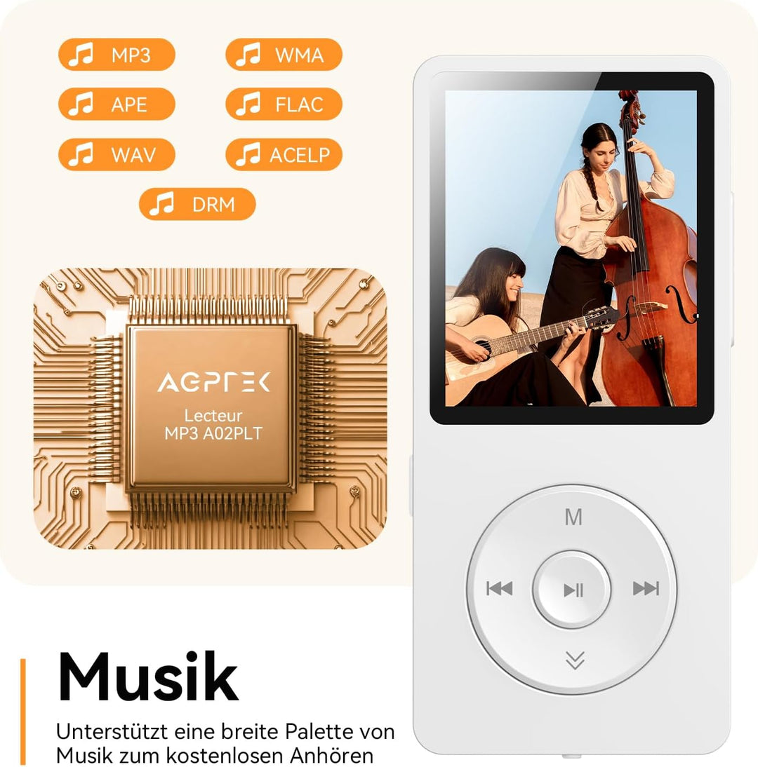 AGPTEK 64GB MP3 Player Bluetooth 5.3 mit Lautsprecher, 40 Stunden Akkulaufzeit Kleiner und klassisch