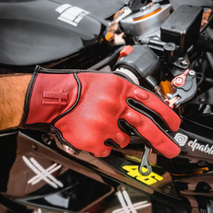 Harssidanzar Herren Vollfinger Ziegenleder Leder Touchscreen Motorradhandschuhe GM028E M Rot-Schwarz