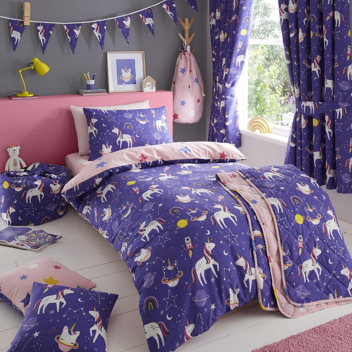 Happy Linen Company Wendbares Bettwäsche Set für Mädchen, Einhorn, Violett Bettbezug-Set für Kleinki