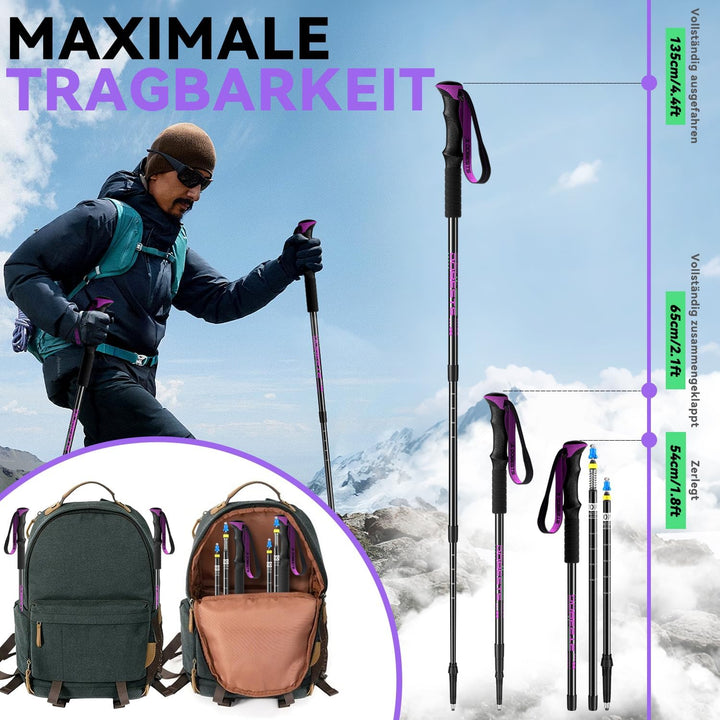 DOBESTS Teleskop-Wanderstöcke 2 Stück, Nordic-Walking-Stöcke 65-135 cm Violett, Violett