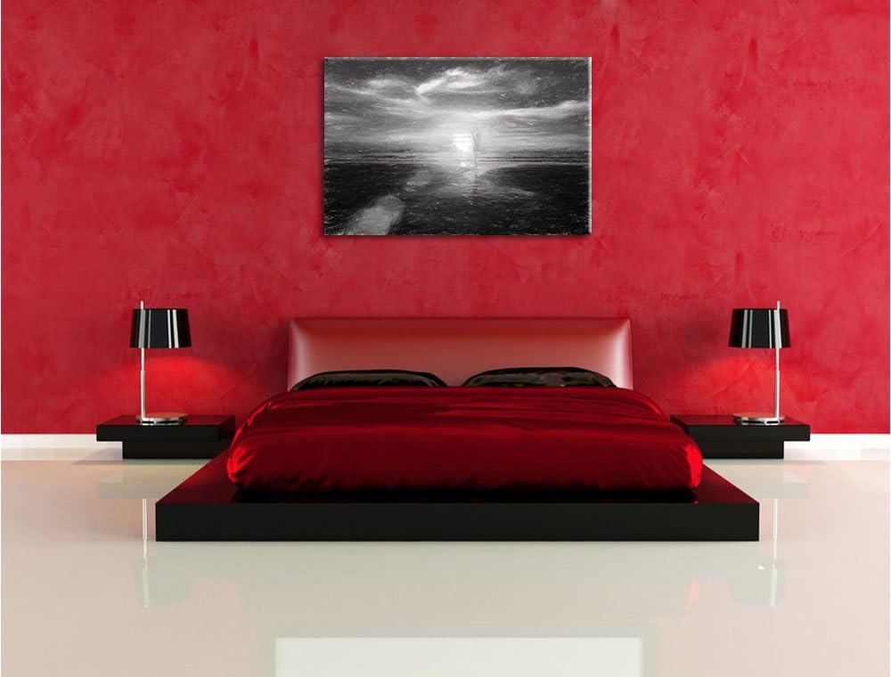 Pixxprint Yoga Silhouette am Strand / 100x70cm Leinwandbild bespannt auf Holzrahmen/Wandbild Kunstdr