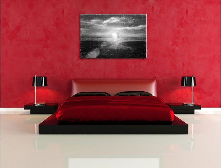 Pixxprint Yoga Silhouette am Strand / 100x70cm Leinwandbild bespannt auf Holzrahmen/Wandbild Kunstdr