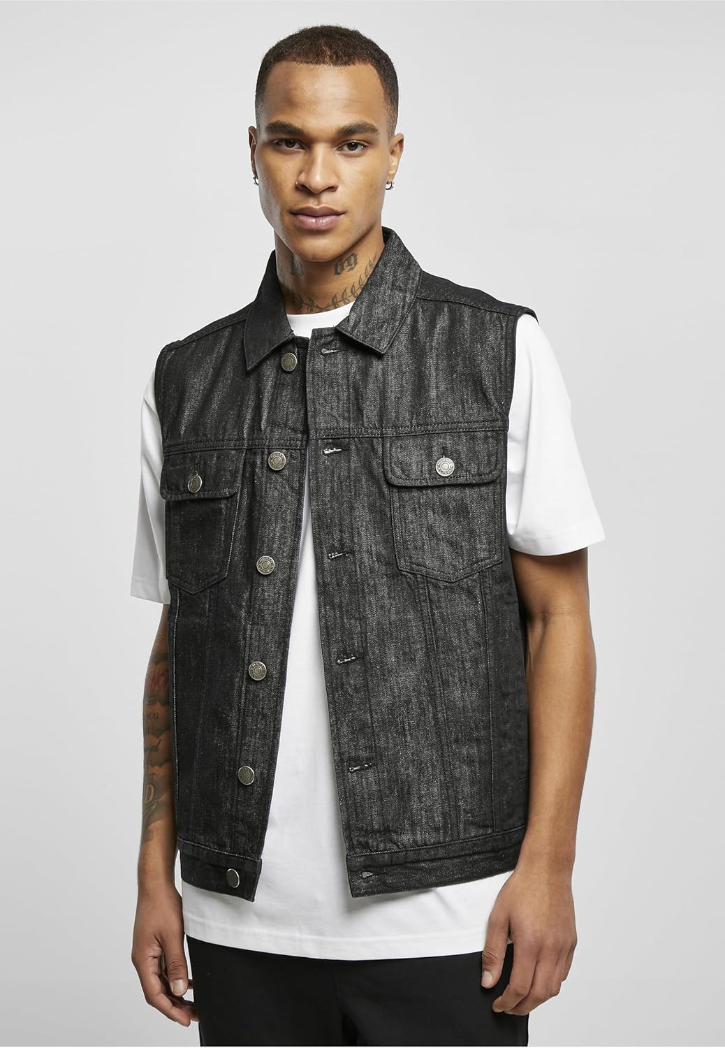 Urban Classics Herren Denim Vest – Jeansweste aus Baumwolle mit Knopfleiste, Brusttaschen und Kragen
