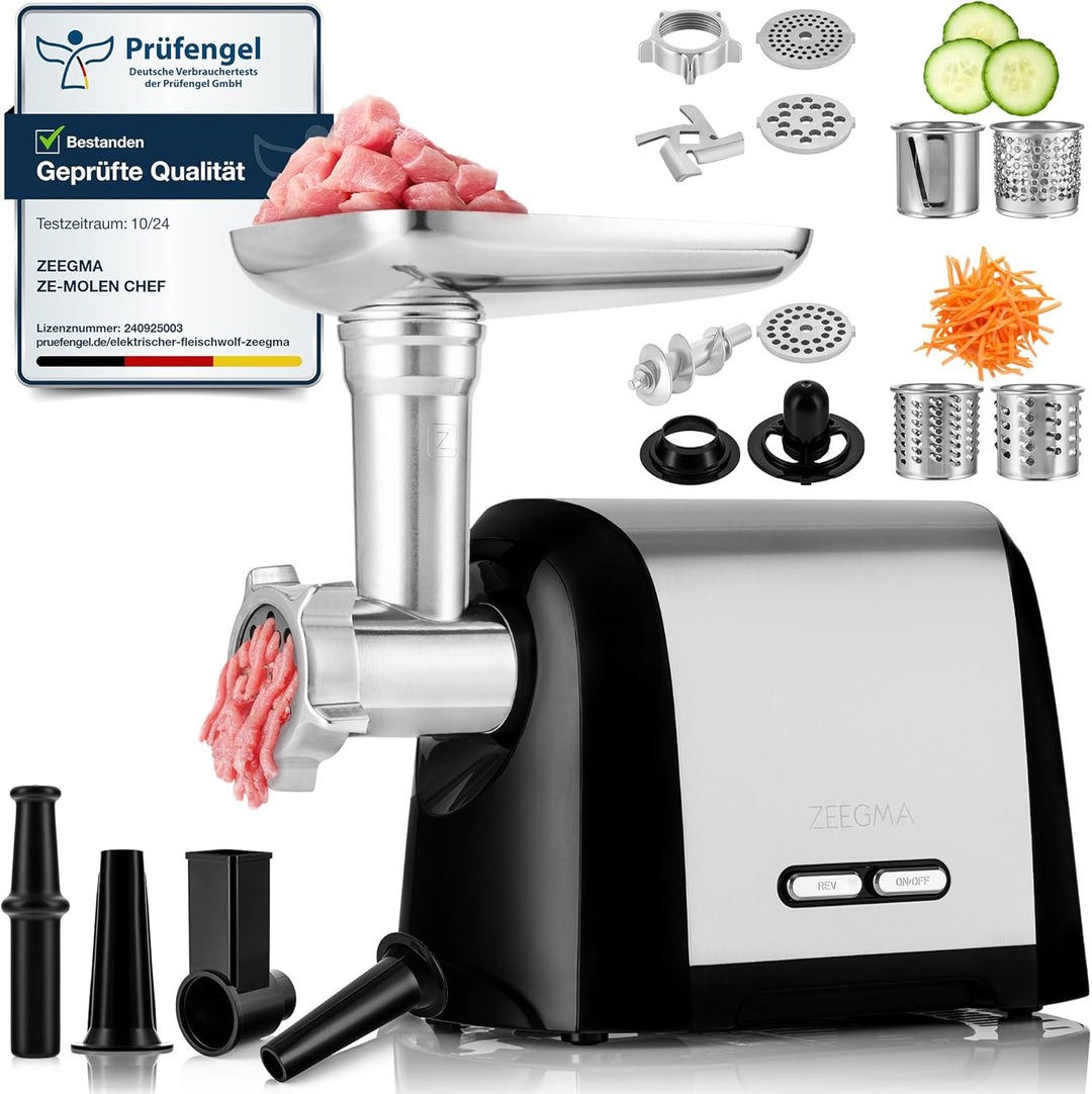 ZEEGMA Molen Chef Elektrischer Fleischwolf, 1900 W mit 3 Schleifplatten aus Edelstahl, 3 kg/min, Wur