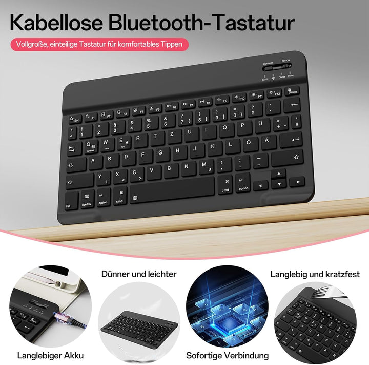 Hülle mit Tastatur für iPad 9/8/7 Generation (2021/2020/ 2019), Weiche TPU Rückseite mit Stifthalter