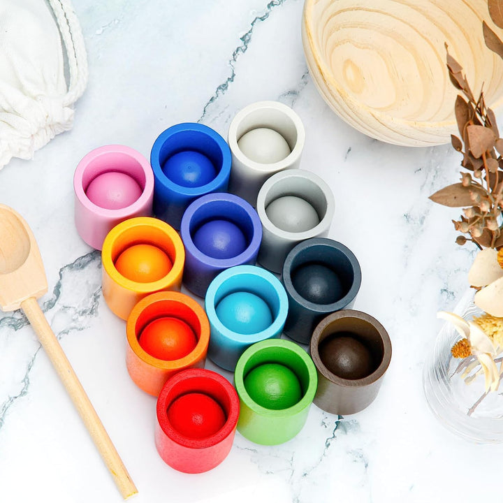Montessori Spielzeug ab 3 Jahr, Holz Sortier Stapelspielzeug, 12 Kugeln 30 mm Regenbogen Holzkugeln