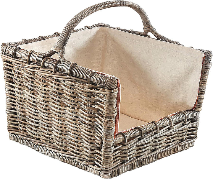 Kobolo Kaminholzkorb Holztrage Holzkorb für Kaminholz Rattan grau mit abnehmbarem Leinenstoff 50x46x