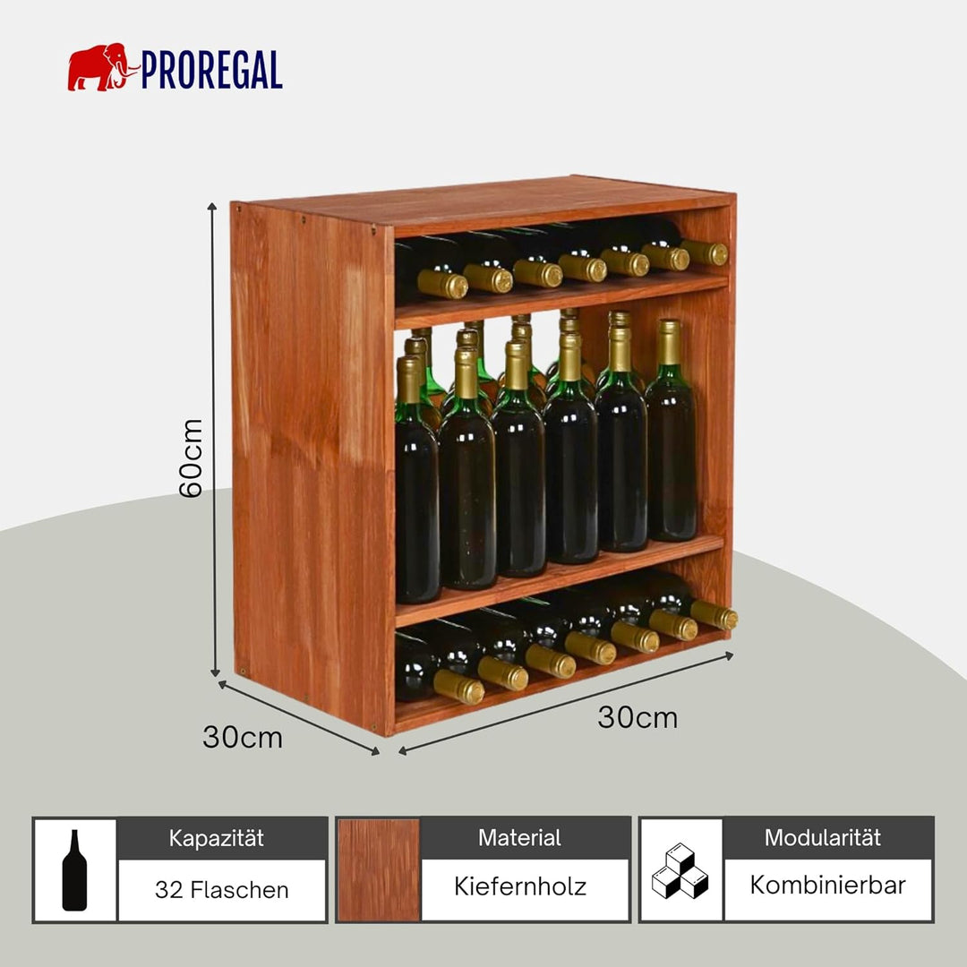 PROREGAL Modulares Weinregal VINCELLAR MOD | HxBxT 60x60x30cm | Standflaschen Modul für 32 Flaschen