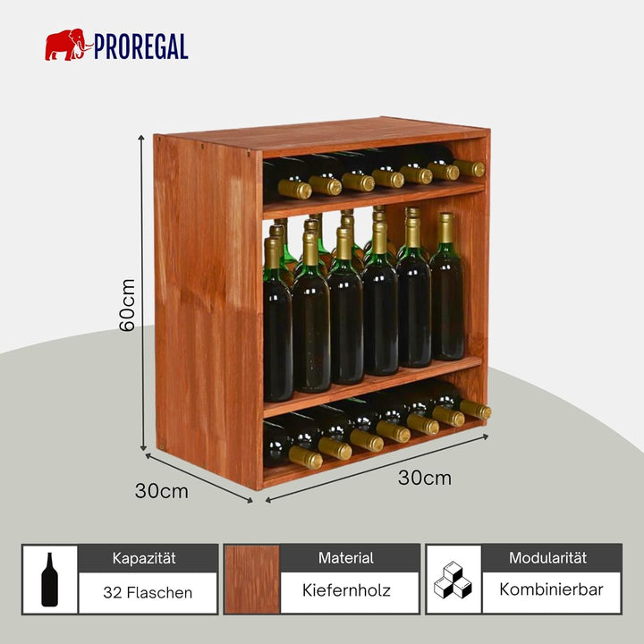 PROREGAL Modulares Weinregal VINCELLAR MOD | HxBxT 60x60x30cm | Standflaschen Modul für 32 Flaschen