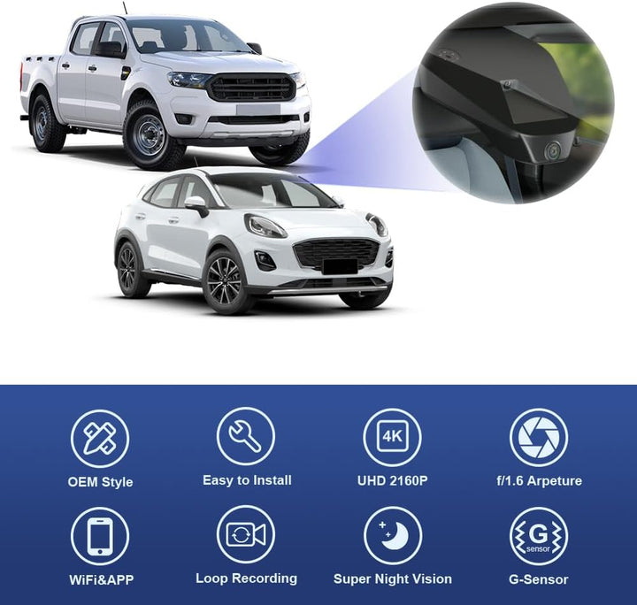 Fitcamx Dashcam 4K kompatibel mit Ford Ranger 2019 2020 2021 2022 und Puma 2020-2023, integrierter O