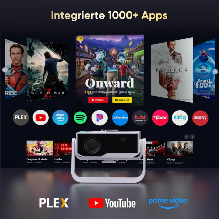 2025 Neuer Smart Beamer 4K Unterstützung, Android 11, Full HD 1080P, 28000 Lumens, WiFi 6 & BT 5.2,